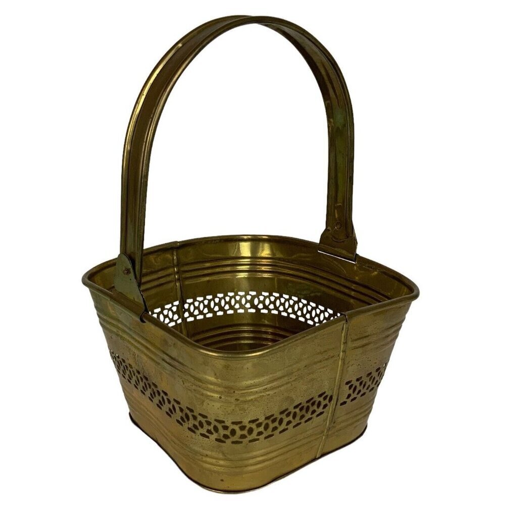 Solid Brass Square Pierced Ribbed Basket From India Decorative Container